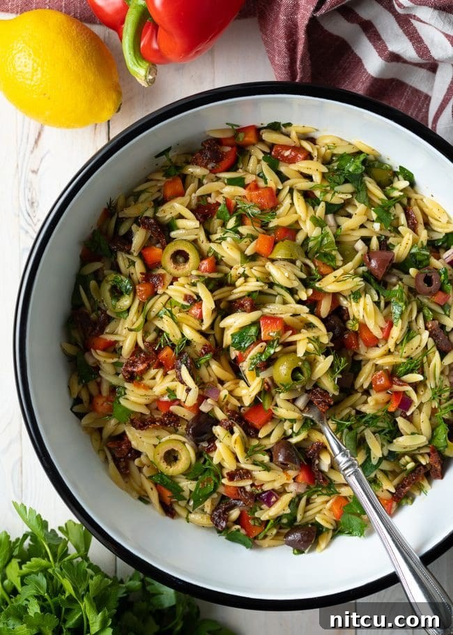 Overhead shot of a large serving bowl filled with colorful Greek orzo pasta salad, garnished with fresh herbs.