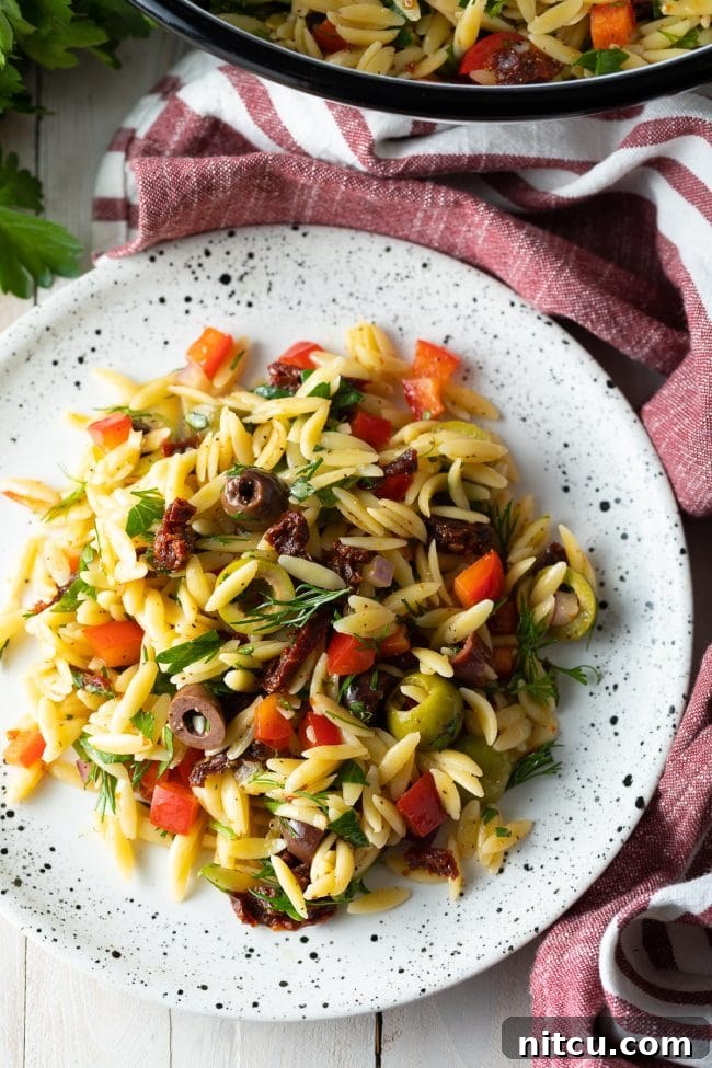 A serving of Mediterranean Orzo Salad with lemon vinaigrette presented on a white plate, showcasing its vibrant ingredients.