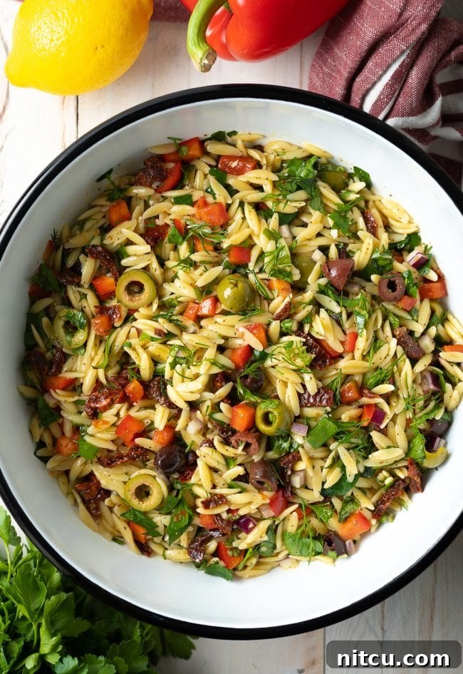 Overhead shot of a Greek orzo pasta salad served in a large, elegant serving bowl, ready for sharing.