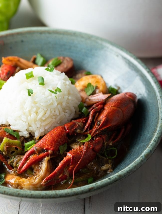 crawfish and rice in gumbo broth 