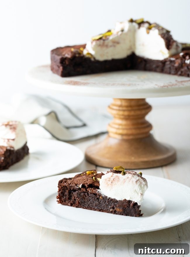 flourless chocolate brownie cake -sliced on plate 
