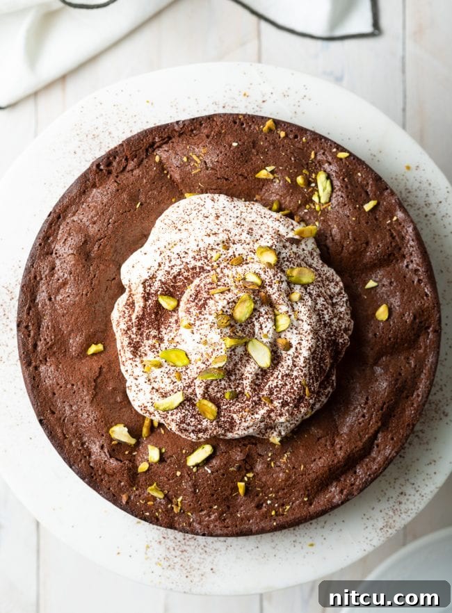 gluten free brownie cake overhead shot of whole cake on stand