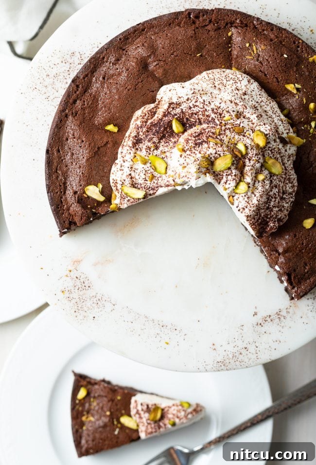 flourless cake overhead shot with slices