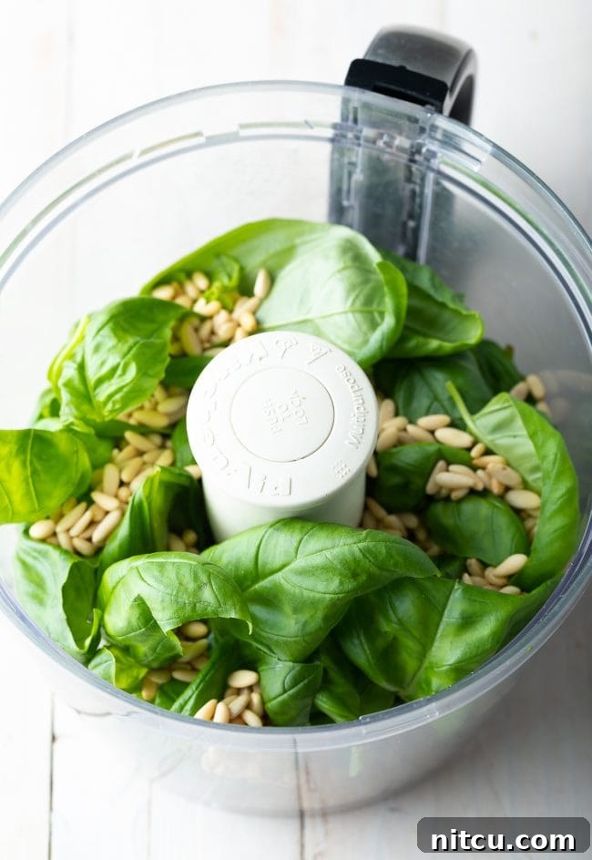 Fresh basil leaves and pine nuts placed inside a food processor, ready for blending.