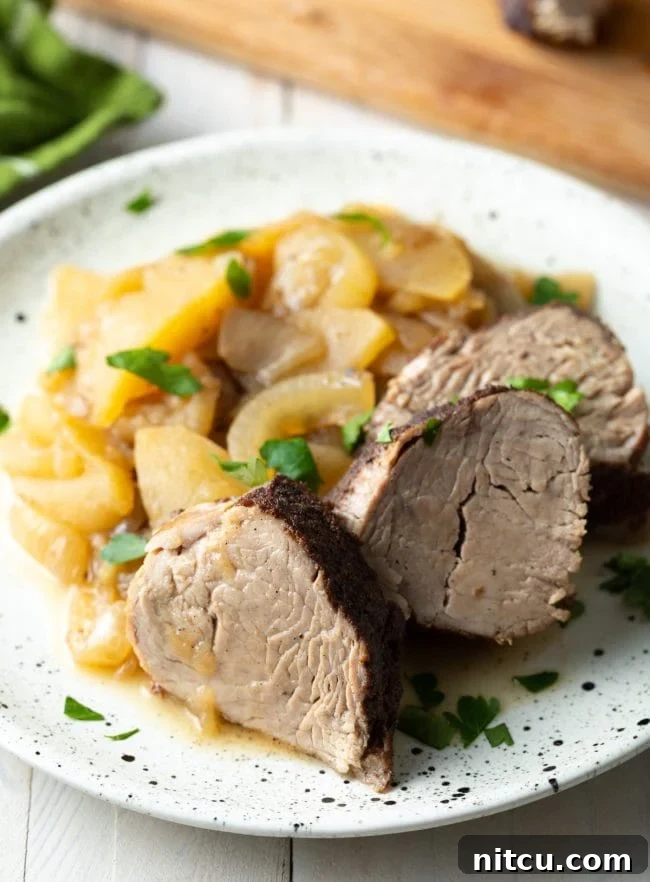 pork tenderloin, apples, and onion cooked in the crock pot and served on a white speckled plate.