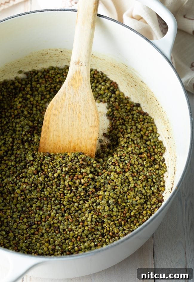 A wooden spoon stirring fragrant spices in a pot, releasing their rich aromas.