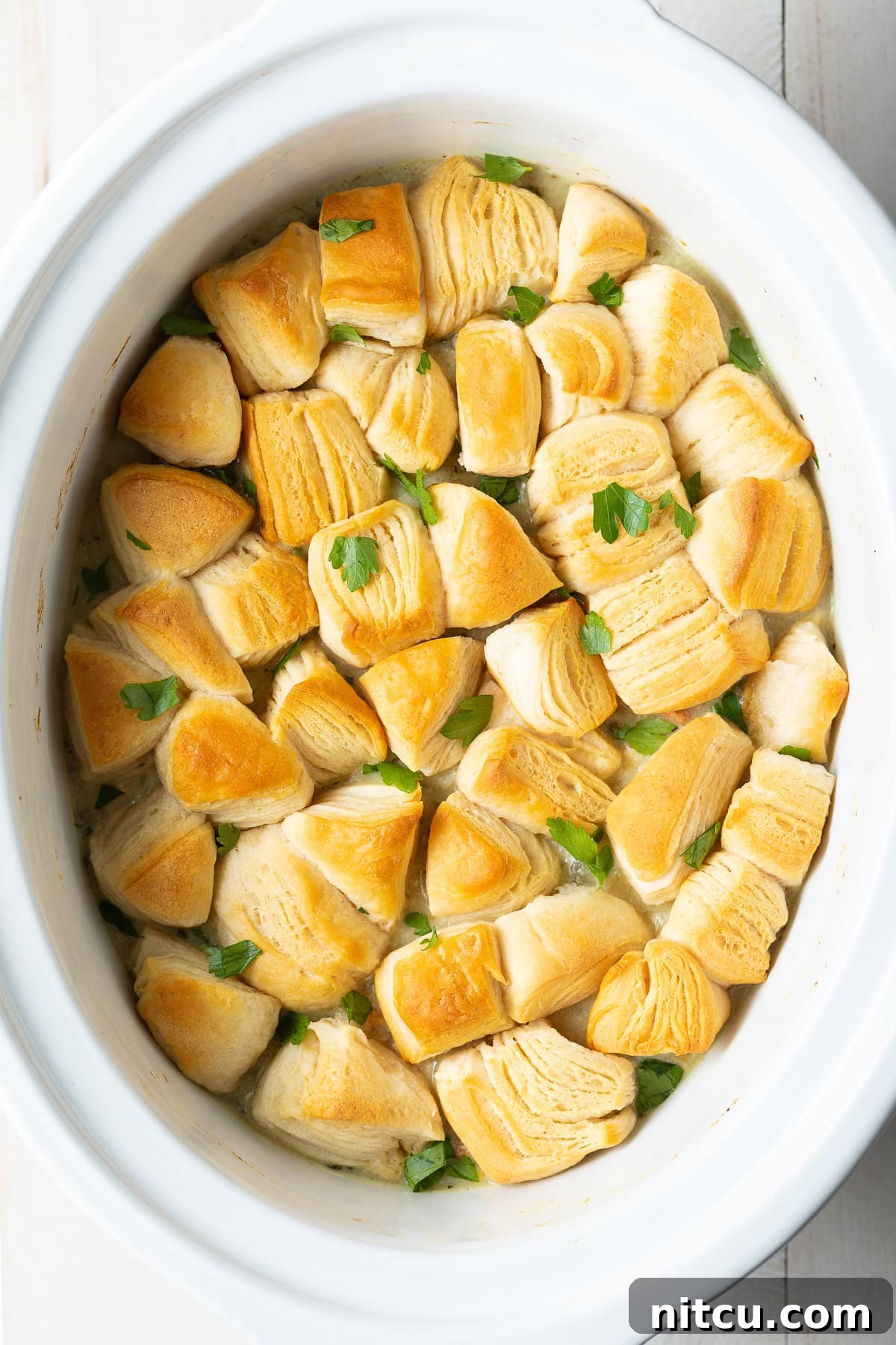 Overhead shot of crockpot chicken pot pie with biscuits on top.