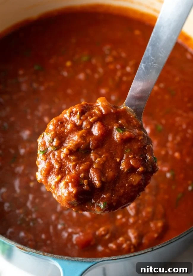 Meat sauce in a pot with a ladle scooping up a serving. 