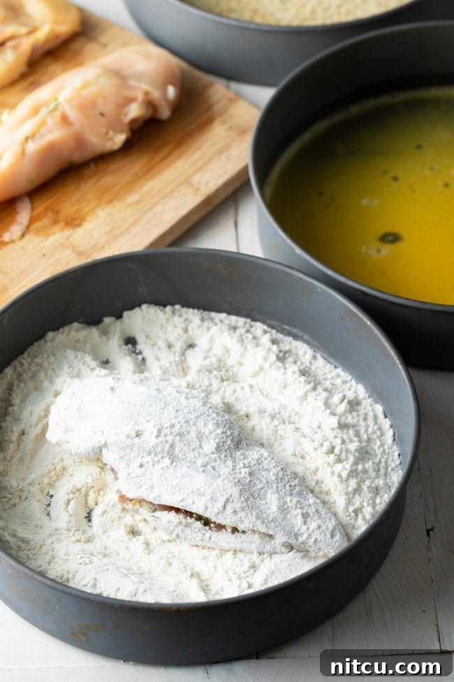A shallow, wide dish filled with light and airy panko breadcrumbs, meticulously prepared for the outer coating of the chicken.