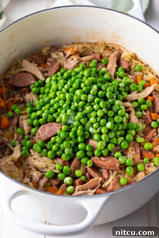 add peas to chicken rice pilaf at end