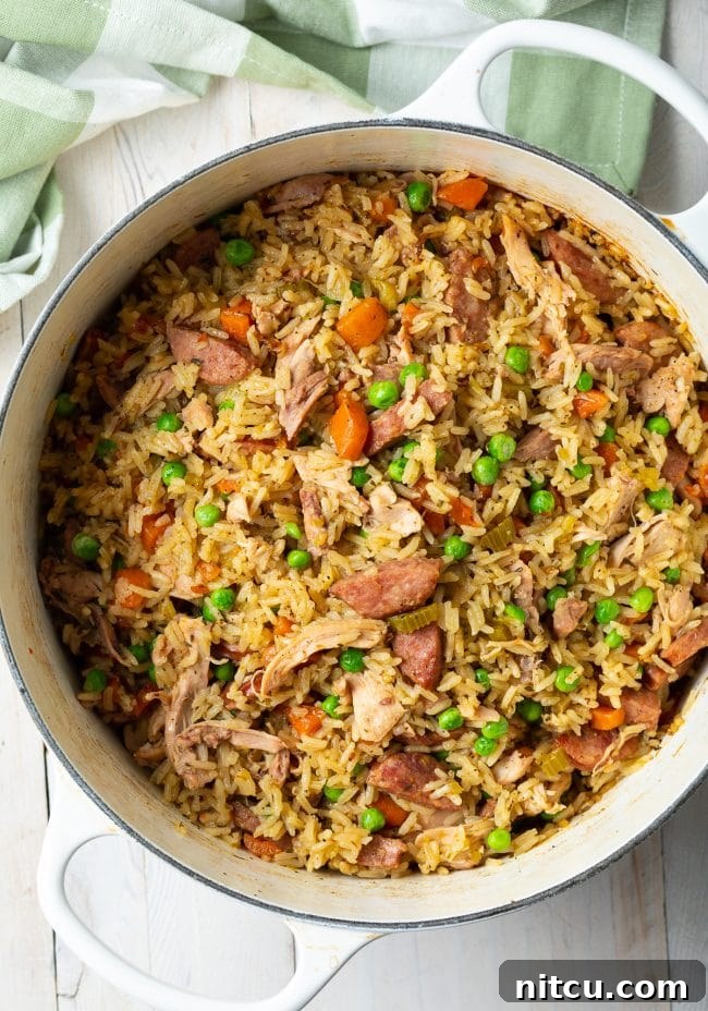 chicken rice pilaf overhead shot in white pot