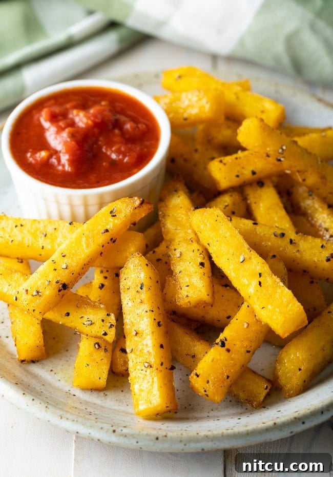 Side view of golden, crispy baked polenta fries served with a creamy dipping sauce.