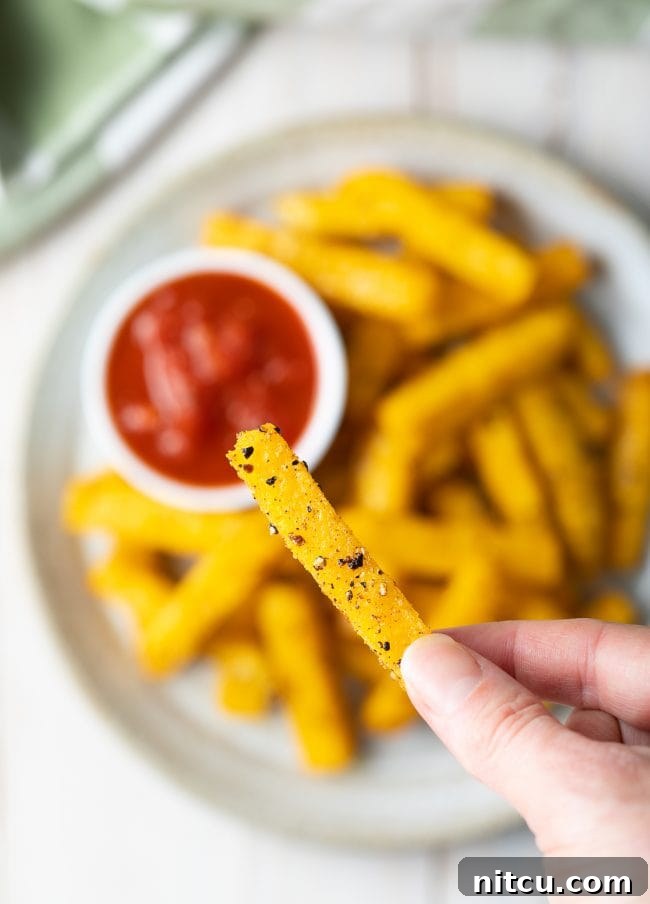 Close-up, top view of a single oven-baked polenta fry, showcasing its golden seasoning and crispy texture.