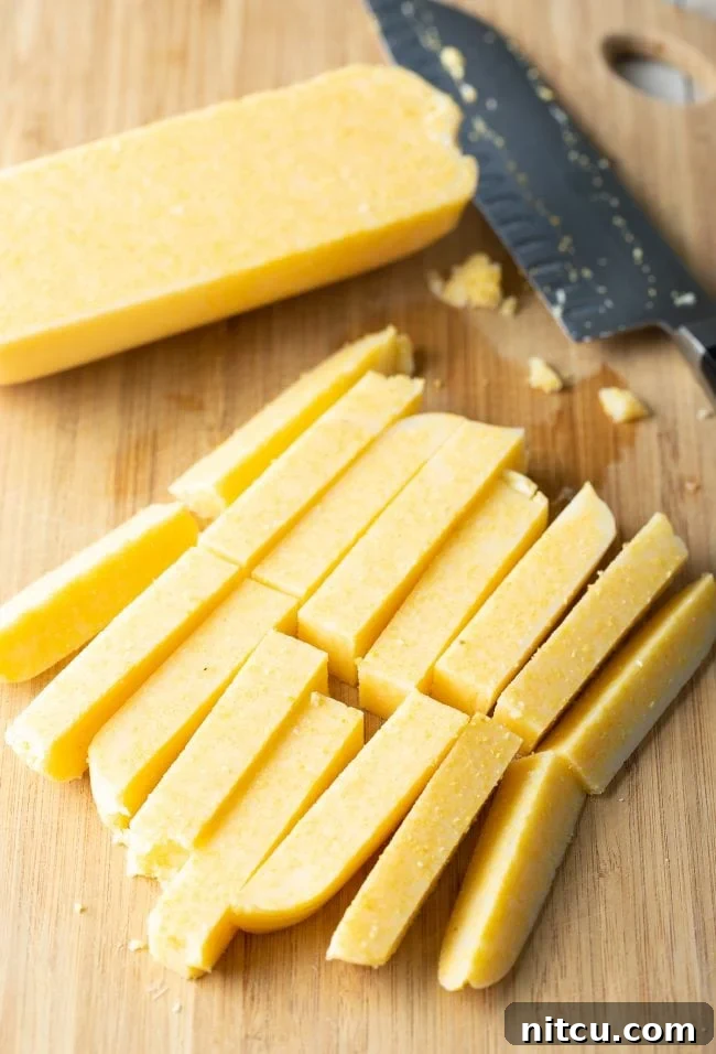 A sliced polenta log on a cutting board, ready for seasoning and baking.