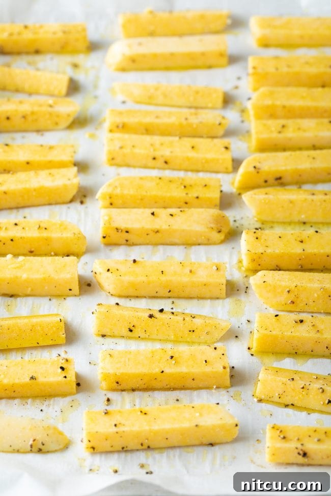 Polenta fries spread out on a baking sheet, glistening with oil and seasonings before baking.