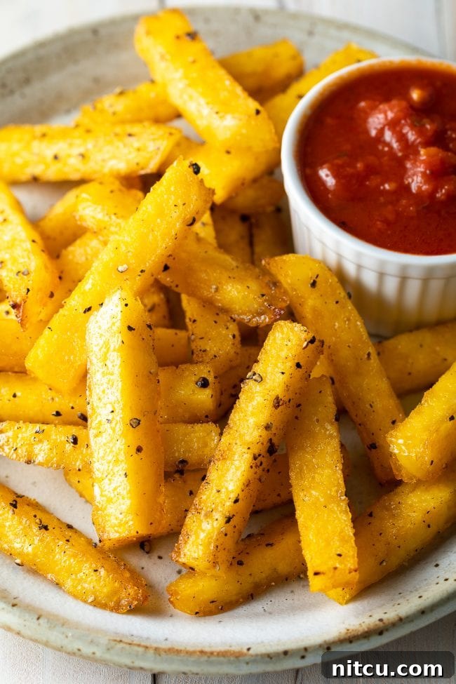 Side view of crispy, seasoned polenta pieces, highlighting their golden brown exterior and delicious appeal.