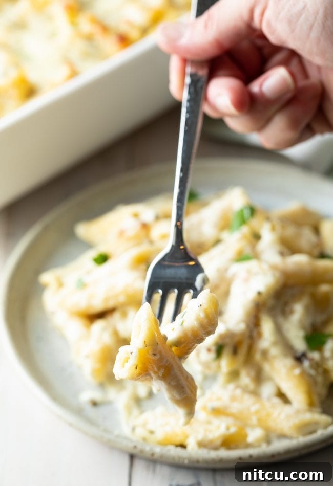 Hand holding a fork with a bite of cheesy pasta, showing the rich, creamy sauce and tender chicken.