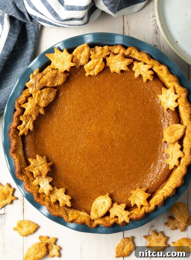 Overhead shot of pumpkin pie with leaf decorations made out of pie crust. 