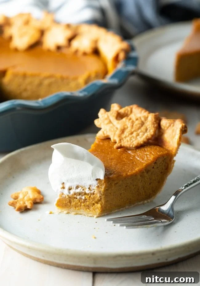 Slice of Libbys pumpkin pie on a plate with a bite missing. 