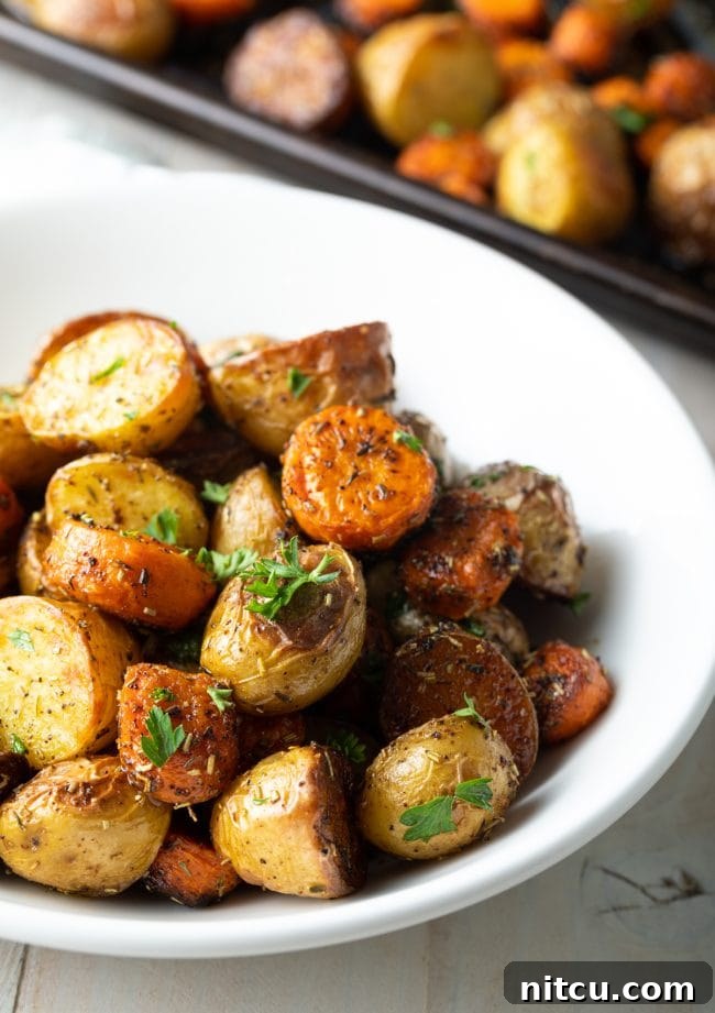 herb roasted vegetables in a serving bowl