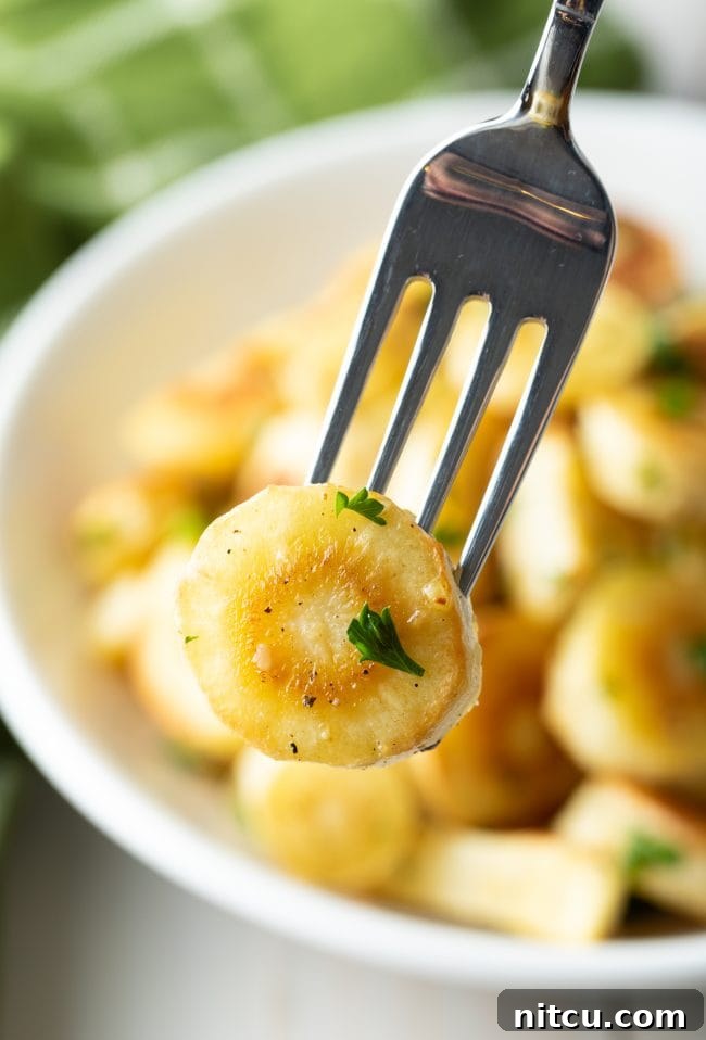 a bite of roasted parsnip recipe with parsley