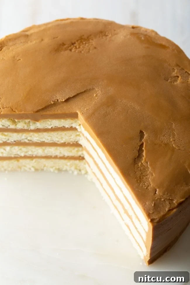 The best caramel cake with perfect layers visible from a top view, showcasing its delicious construction.