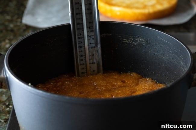 A close-up shot of a candy thermometer accurately measuring the temperature of caramel as it cooks in a pot, vital for achieving the correct consistency.