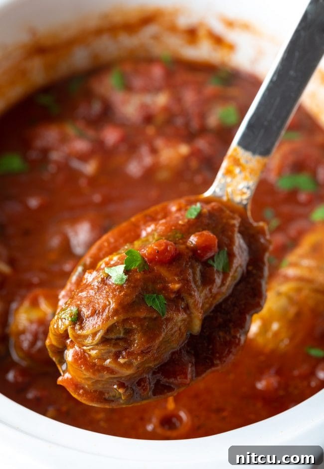 Slow Cooker Cabbage Rolls - crockpot cabbage rolls from scratch scooped up on spoon