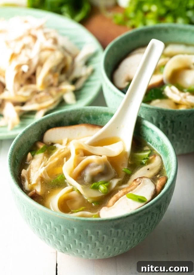 A vibrant bowl of Wor Wonton Soup filled with plump wontons, chicken, mushrooms, bok choy, and scallions.