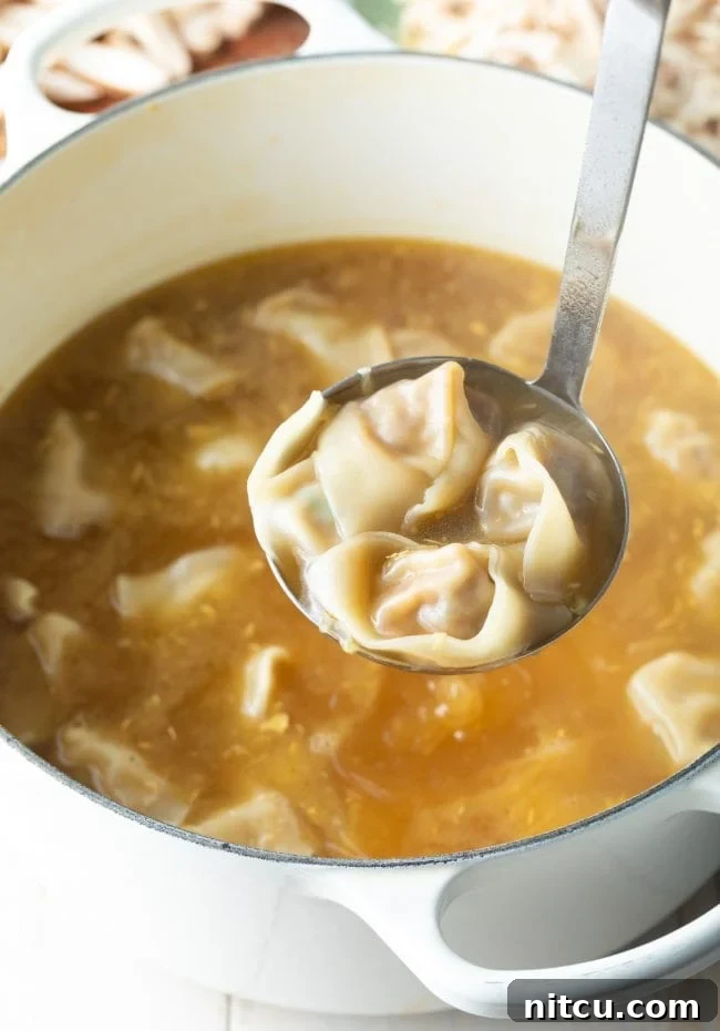A close-up of simmering wonton noodle soup, with a spoon lifting a perfectly cooked wonton from the pot.