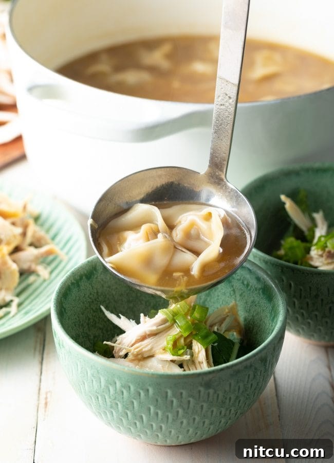 Delicious Wor Wonton Soup being poured over a bowl of fresh vegetables and chicken, ready to be served.