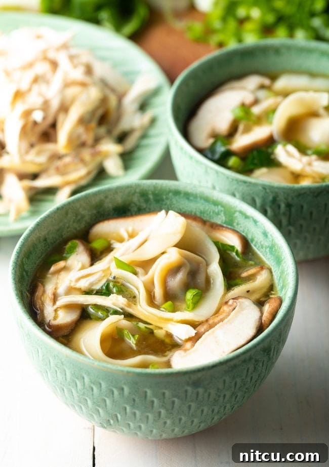 Close-up view of steaming hot Wor Wonton Soup served in elegant bowls.