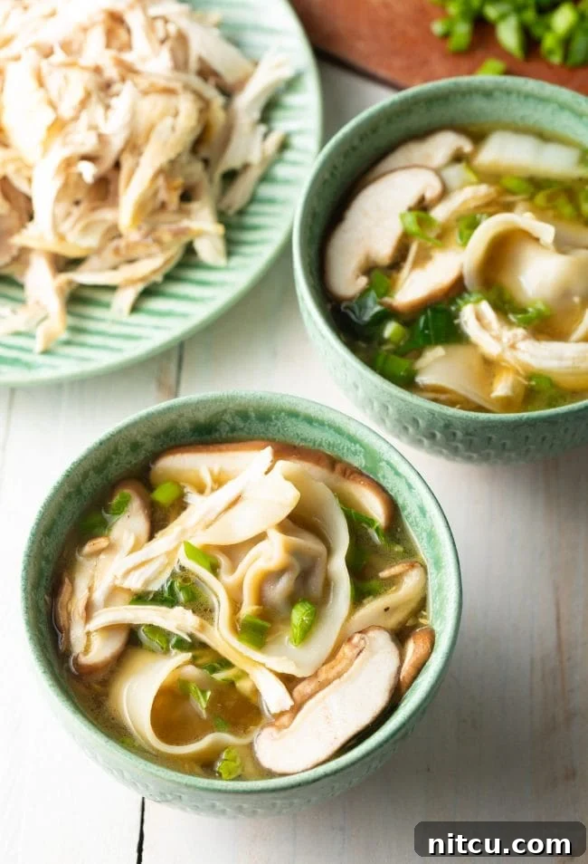 Close-up of Wor Wonton Soup featuring tender chicken pieces, shiitake mushrooms, green scallions, and fresh herbs in a rich broth.