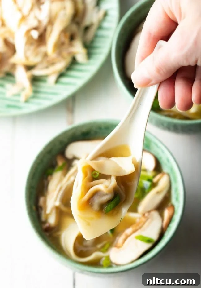 A wonton being lifted from a spoon, showcasing the delicate wrapper and savory filling, with Wor Wonton Soup in the background.