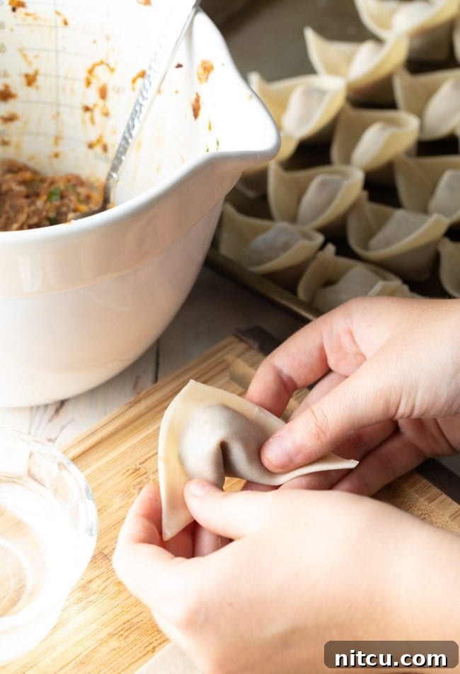 Step-by-step image illustrating the folding technique for perfect wontons.