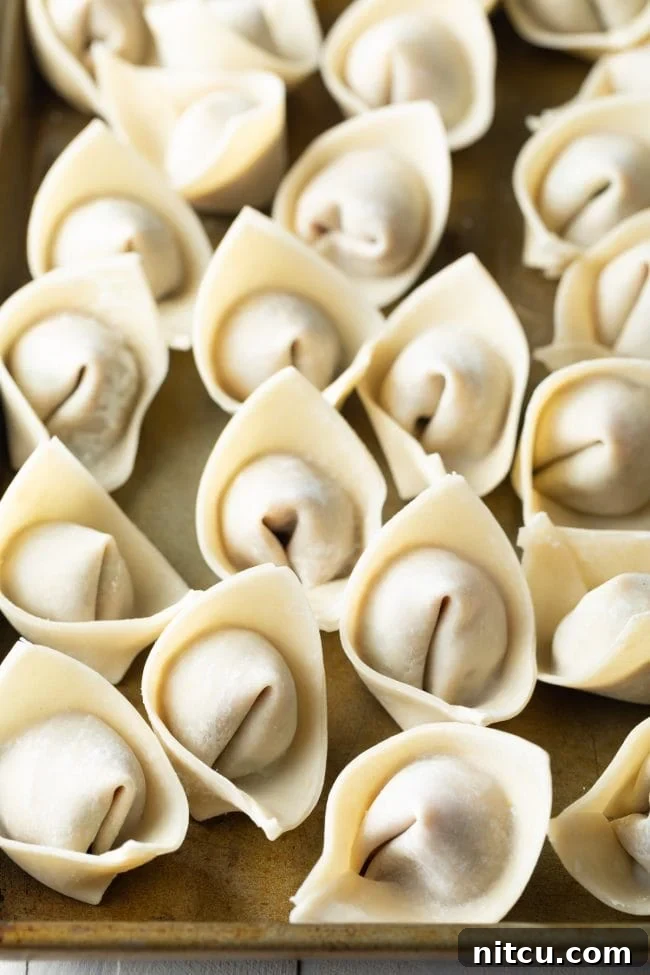 A collection of perfectly formed homemade wontons, ready to be added to the soup or frozen for later.