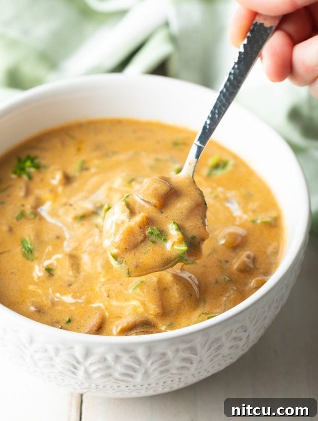 A spoon scooping up vegan and gluten-free cream of mushroom soup from a bowl.