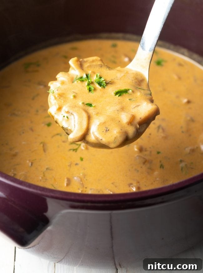 Creamy vegan mushroom soup being ladled from a large pot, showcasing its rich texture.