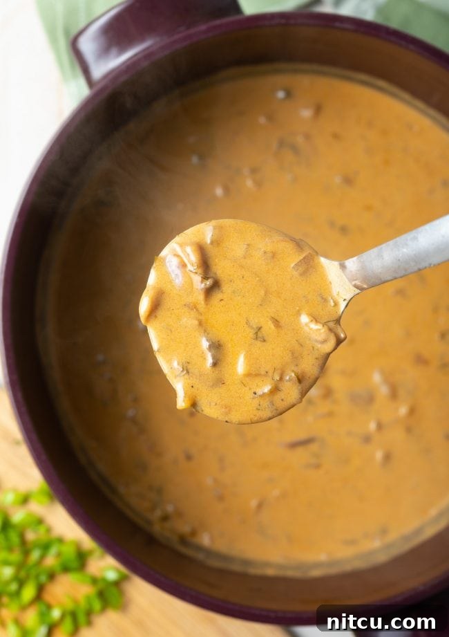 Creamy gluten-free mushroom soup being served in a ladle.