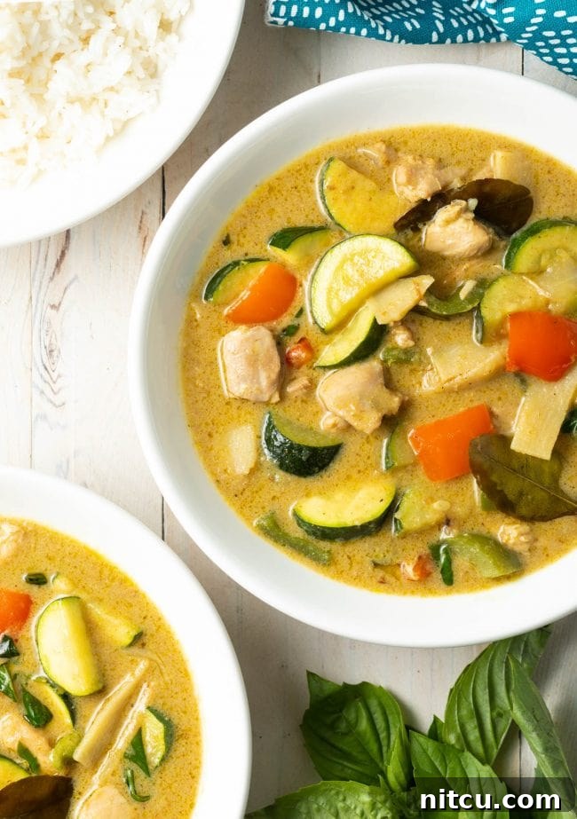 A beautifully arranged serving of Instant Pot Green Curry in a white bowl, garnished with fresh herbs, viewed from above.
