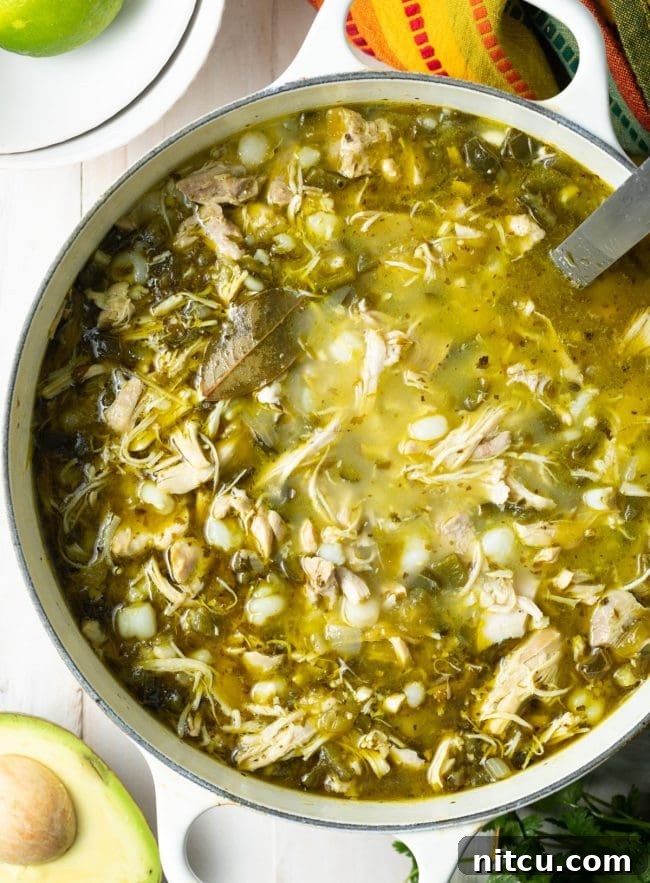 Overhead shot of green pozole in a pot. 