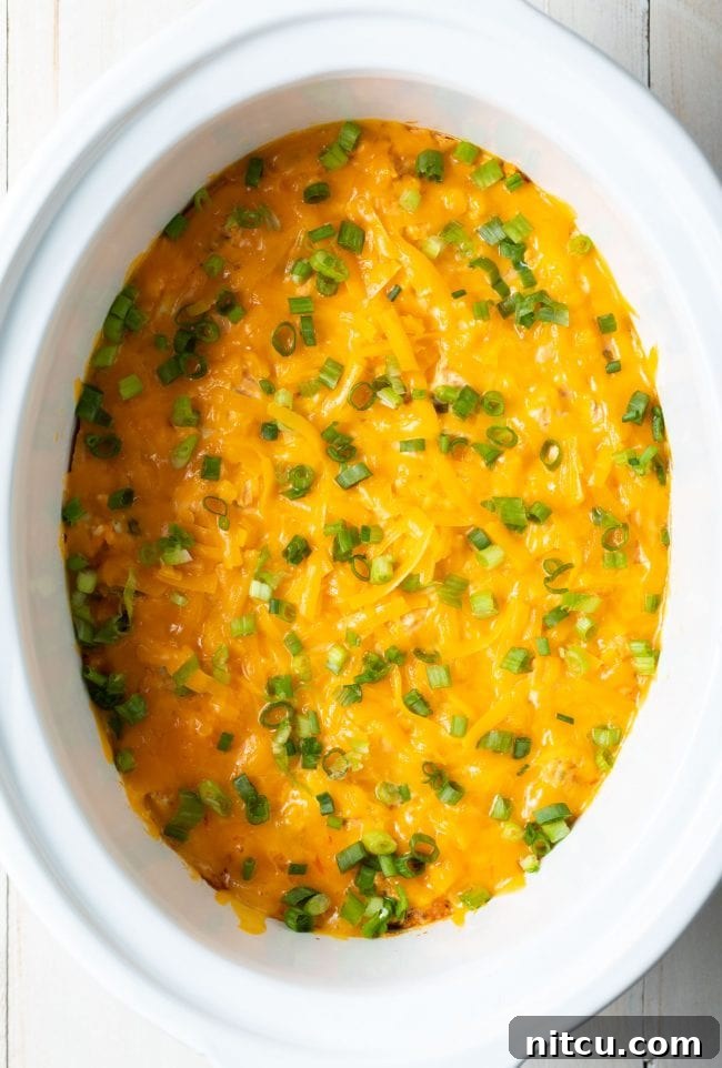 Top view of this finished crockpot buffalo chicken dip recipe 
