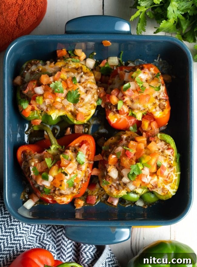 low carb stuffed peppers recipe in baking dish - overhead view