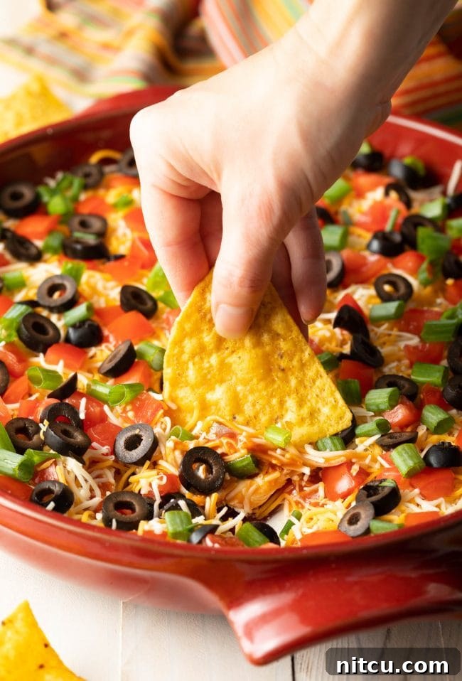 Hand using a tortilla chip to scoop into layered taco pizza dip with shredded cheddar cheese, sliced green onions, sliced black olives, and chopped tomatoes.
