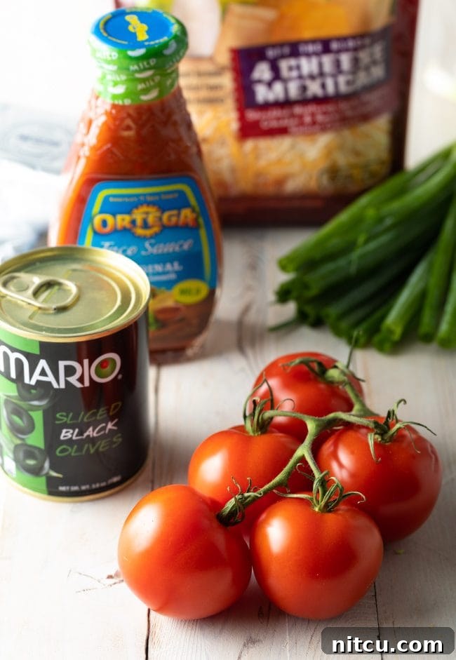 On the vine tomatoes, salsa, cheese, black olives, and whole fresh green onions.