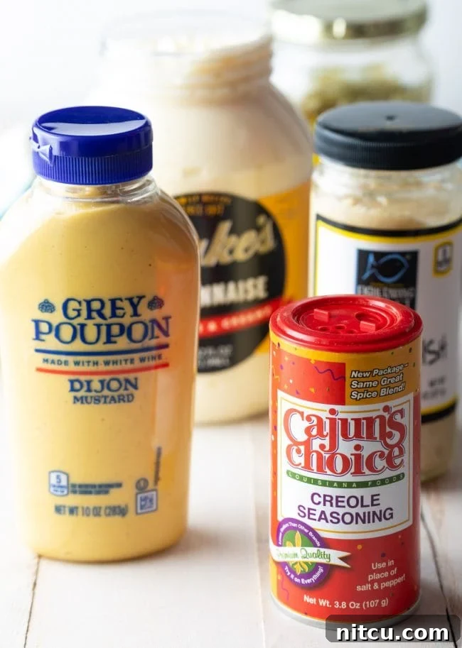 Ingredients for Remoulade Sauce Recipe - Cajun seasoning, mayo, mustard, and relish.