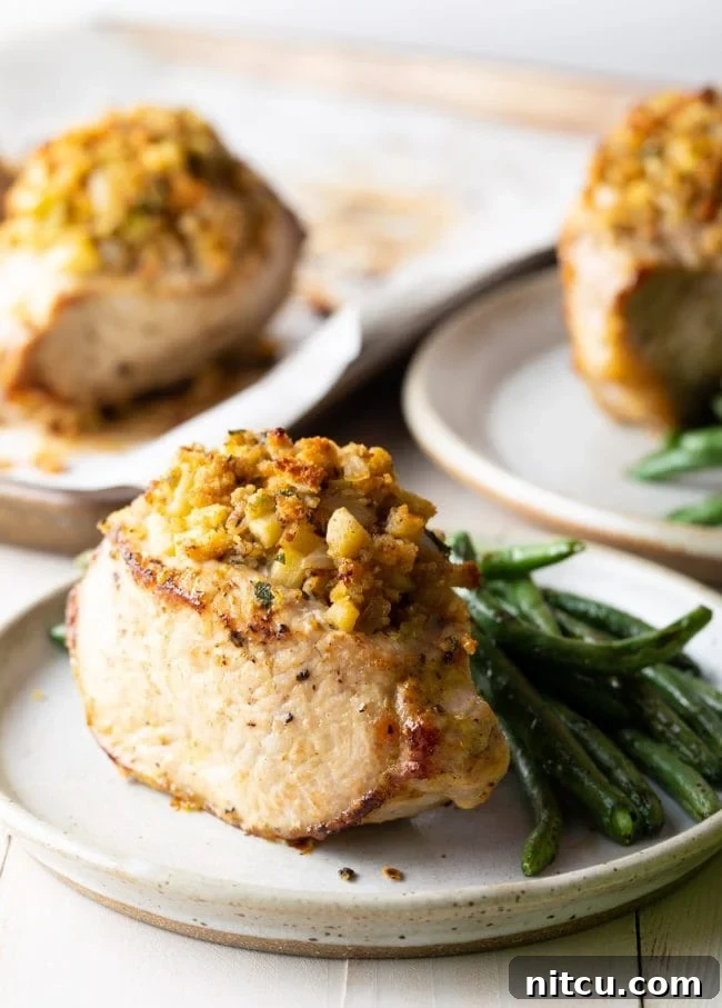 Side view of 3 plates with apple stuffed pork and green beans as a side dish