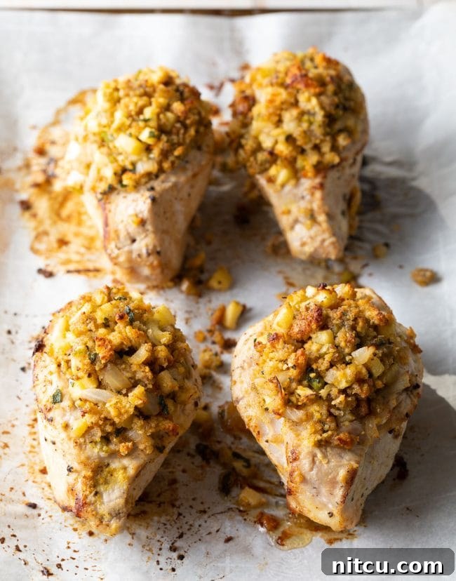 4 pieces of this stuffed pork recipe on a baking sheet lined with parchment paper
