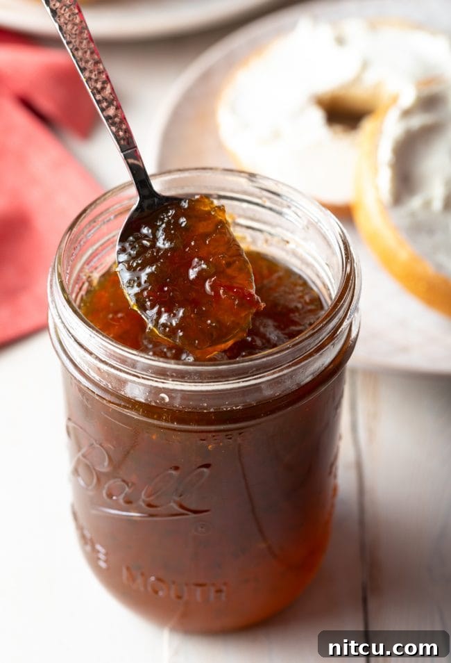 jar of homemade spicy jam, perfectly set.
