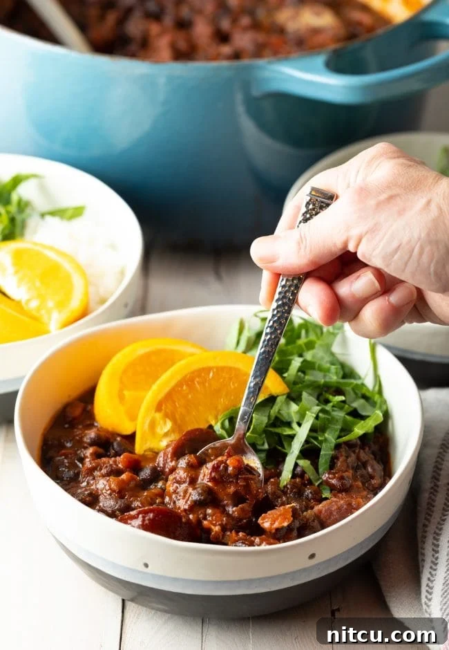 Bowl of pork and black bean stew with a spoon holding a spoonful of the stew.